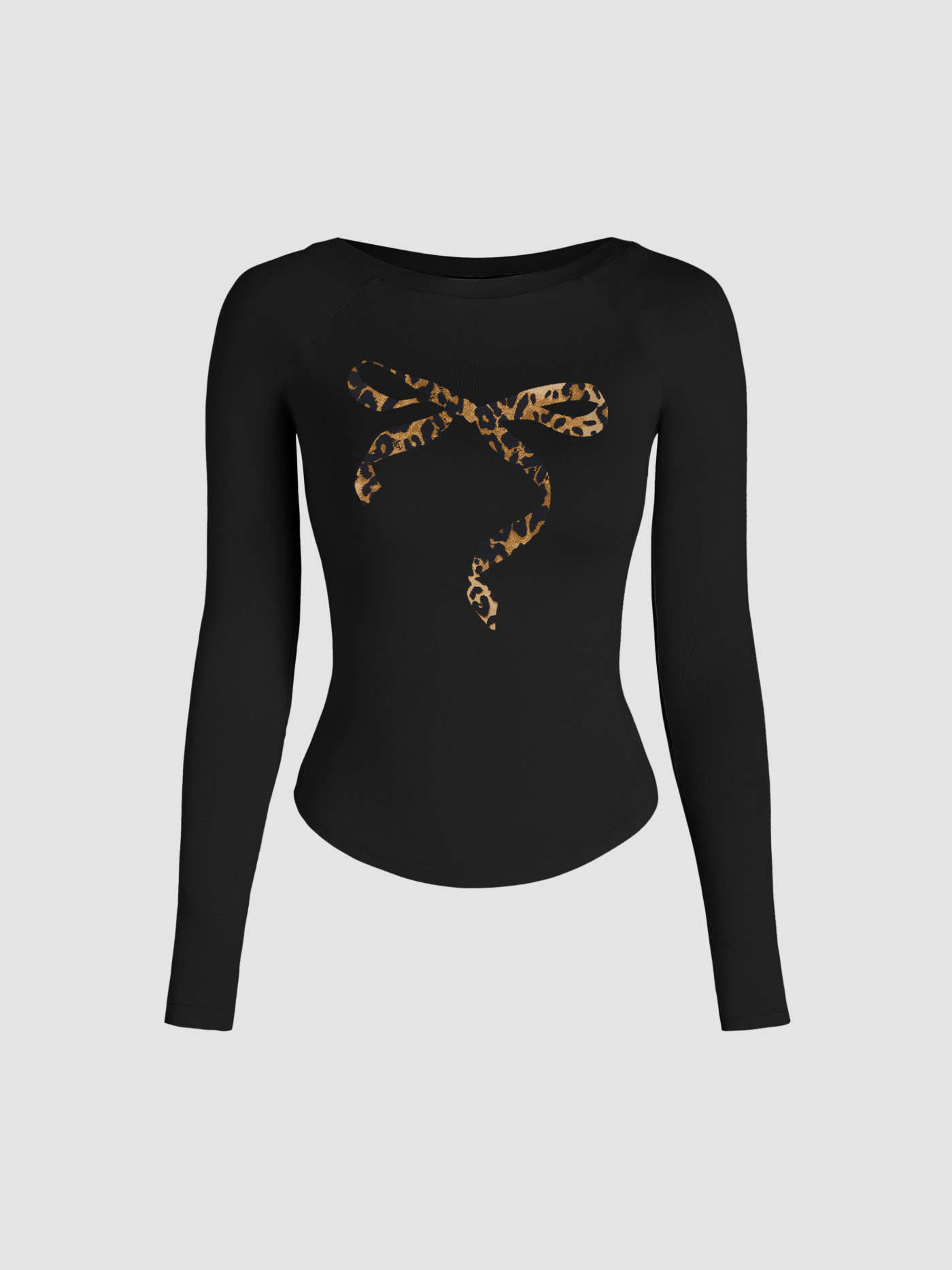 Round Neckline Leopard Bowknot Graphic Long Sleeve Tee | Cider