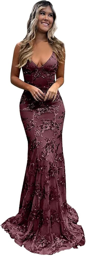 Sparkly Sequin Mermaid Prom Dresses 2025 Long Spaghetti Straps Lace V Neck Evening Formal Gowns | Amazon (US)