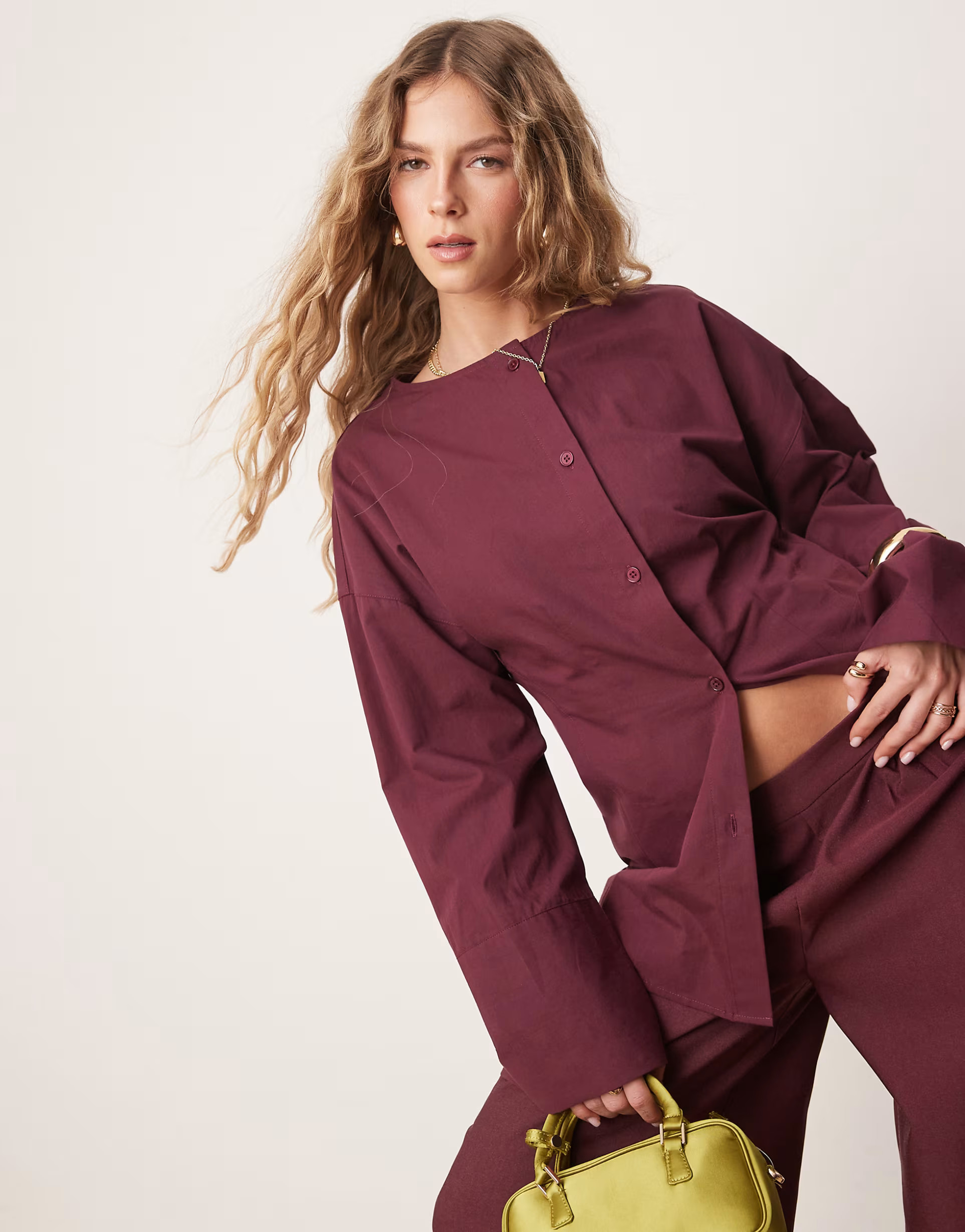 ASOS DESIGN poplin collarless cinch waist shirt in plum | ASOS | ASOS (Global)