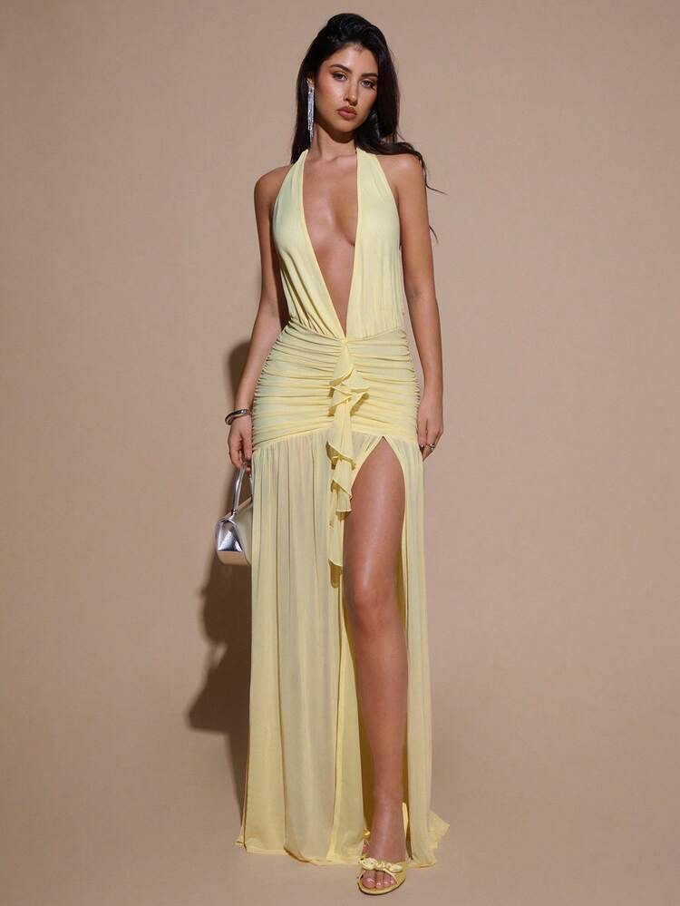 SHEIN BAE Sexy Minimalist Solid Yellow Cream Deep V-Neck Halter Bodycon Ruched Fitted Women's Maxi Mesh Dress, Suitable For Party, Cocktail, Formal Occasions, Bridesmaid, Birthday, Business Casual, Elegant Women Maxi Dress,Valentine's Day,Valentine Outfits For Women | SHEIN