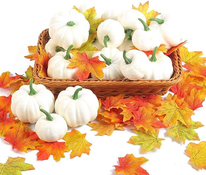 HarrierWing 20PCS Artificial Pumpkins Fake Mini Pumpkins with 100PCS Lifelike Maple Leaves for DI... | Amazon (US)