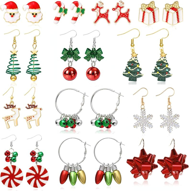 4/6/9/13 pairs Christmas Earrings for Women,Christmas Stud Earrings,Christmas Trees, Bells,Snowfl... | Amazon (US)