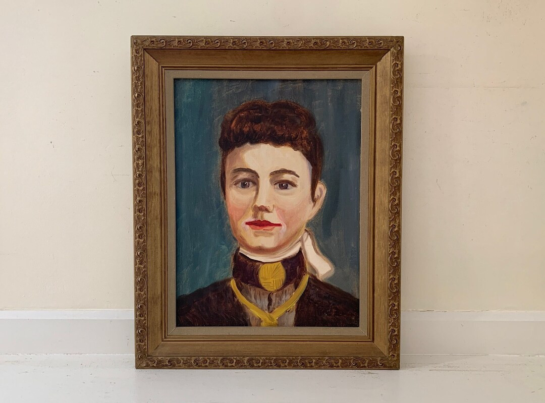 Mid-century Original Portrait, Vintage Female Framed Oil Painting, Woman With Bangs & Bun, High C... | Etsy (US)