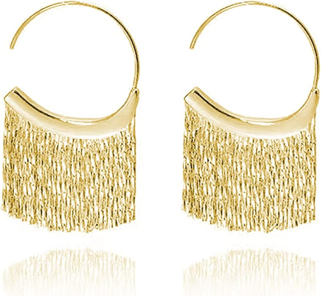 Gold Tassel Earrings Silver Linear Fringe Earrings Tassels Hoop Earrings Chain Dangle Drop Earrin... | Amazon (US)