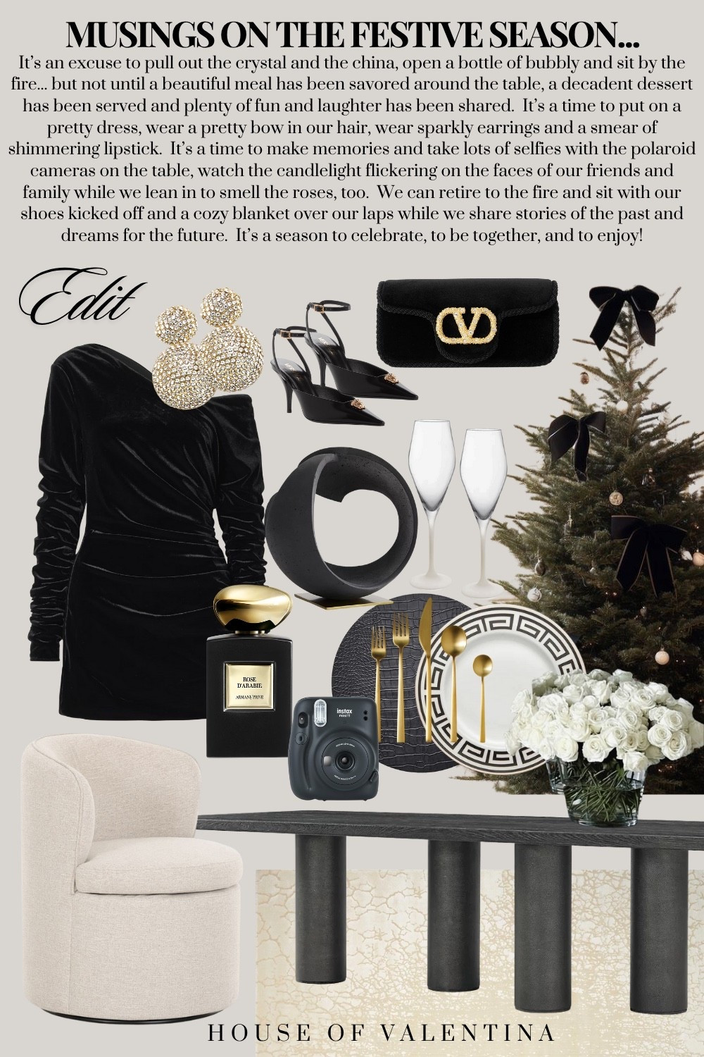 It’s an excuse to pull out the crystal and the china, open a bottle of bubbly and sit by the fire... but not until a beautiful meal has been savored around the table, a decadent dessert has been served and plenty of fun and laughter has been shared.  It’s a time to put on a pretty dress, wear a pretty bow in our hair, wear sparkly earrings and a smear of shimmering lipstick.  It’s a time to make memories and take lots of selfies with the polaroid cameras on the table, watch the candlelight flickering on the faces of our friends and family while we lean in to smell the roses, too.  We can retire to the fire and sit with our shoes kicked off and a cozy blanket over our laps while we share stories of the past and dreams for the future.  It’s a season to celebrate, to be together, and to enjoy!

#LTKHome #LTKHoliday #LTKShoeCrush