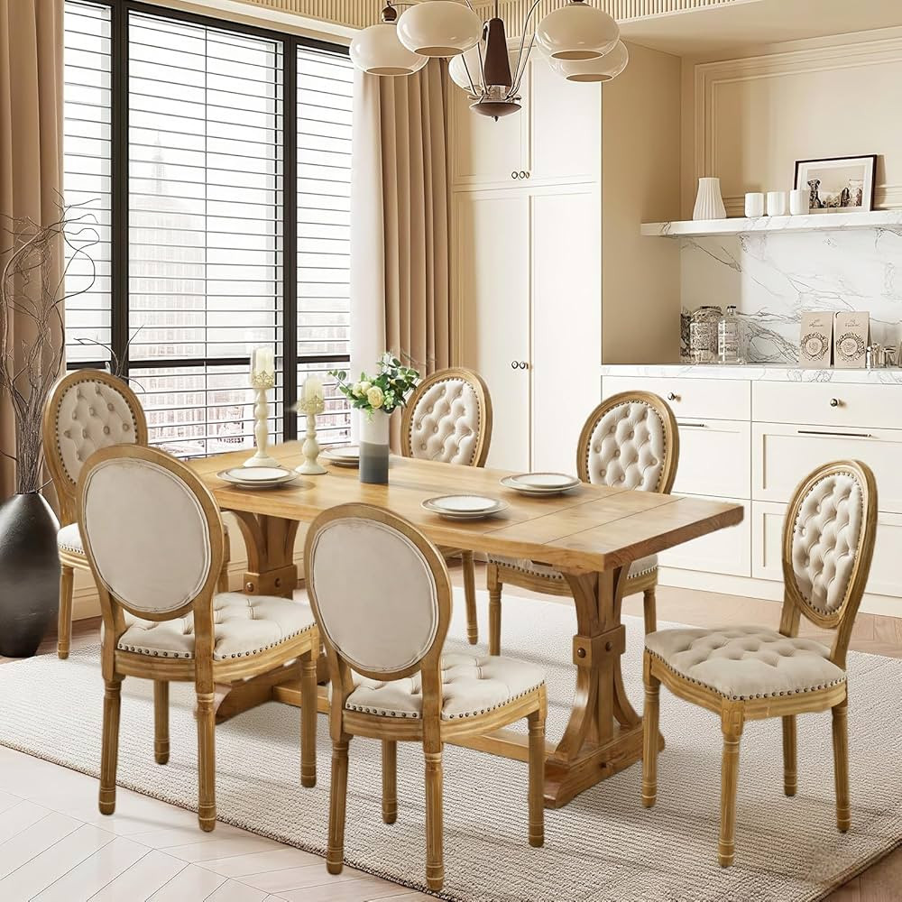 Juego de 6 sillas de comedor francesas de estilo campestre, sillas tapizadas de piel sintética c... | Amazon (US)