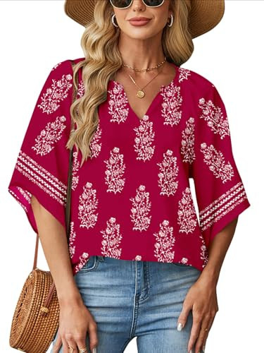 Poetsky Women's Casual V Neck 3/4 Sleeve Blouses Bohemian Print Shirts Loose Fit Tunic Tops Wine Red 2XL | Amazon (US)