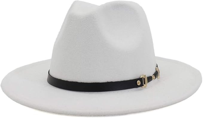HUDANHUWEI Womens Wide Brim Felt Fedora Hat Ladies Panama Hat with Belt Buckle | Amazon (US)