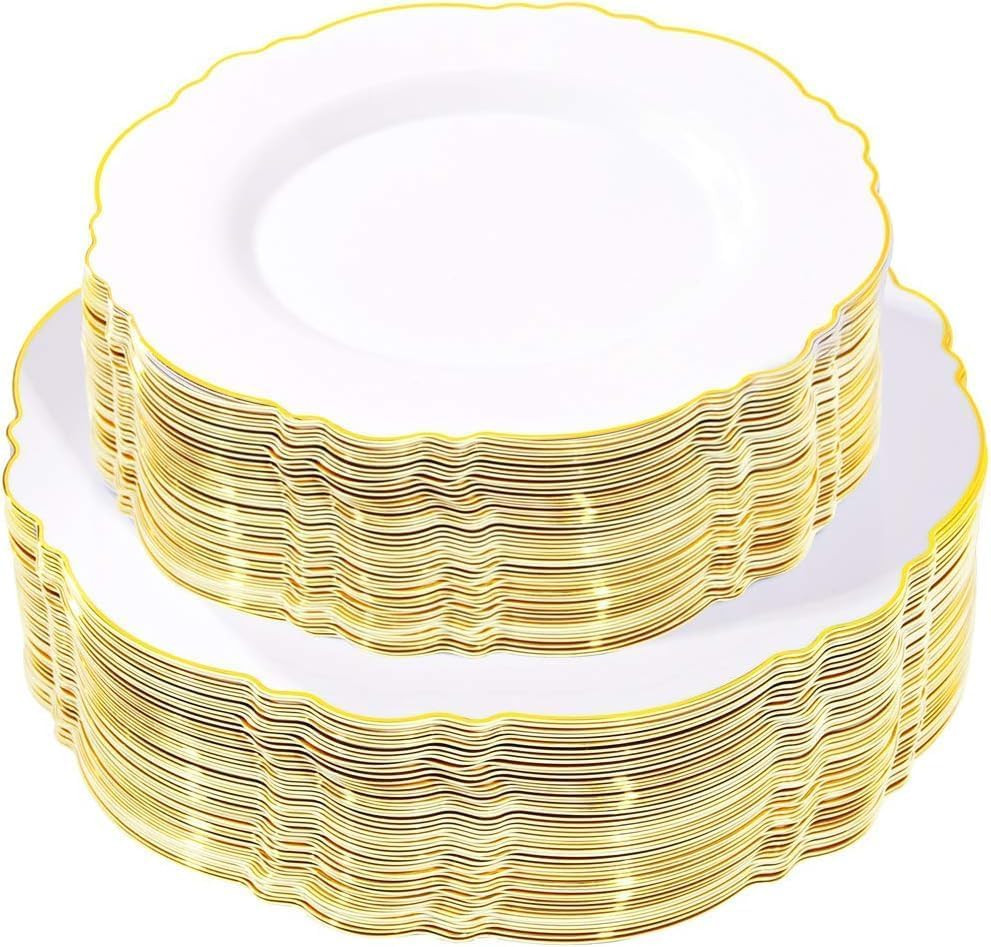 WDF 100pcs Gold Plastic Plates - High-end Baroque Design - Heavy Duty White &Gold Wedding Plates ... | Amazon (US)
