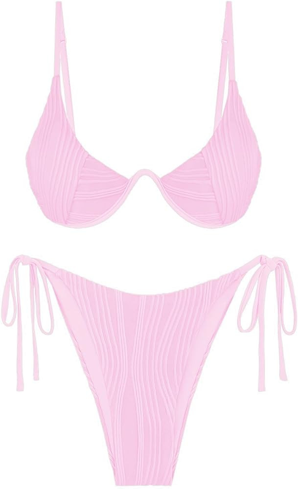 ZAFUL Women's Textured Underwire Bikini Set V Notch High Cut Swimwear Tie Side Ribbed Sexy Swimsu... | Amazon (US)