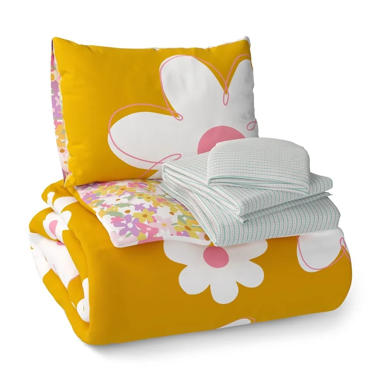 Mainstays Kids Daisy Reversible Comforter Set with Sheets, Twin, 5 Pieces | Walmart (US)