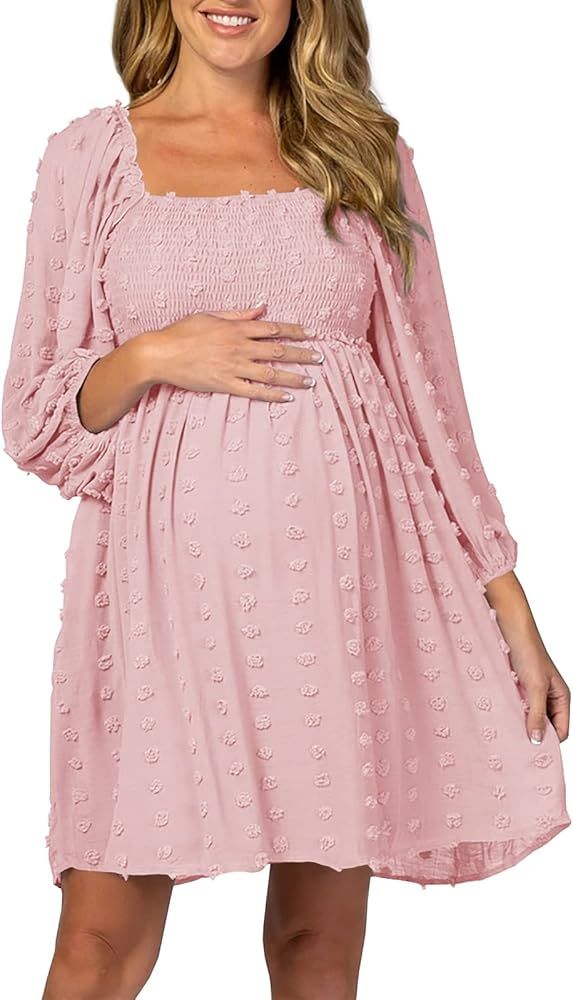 Ofenbuy Women's Long Sleeve Maternity Dress Square Neck Swiss Dot Casual Loose Short Dresses | Amazon (US)