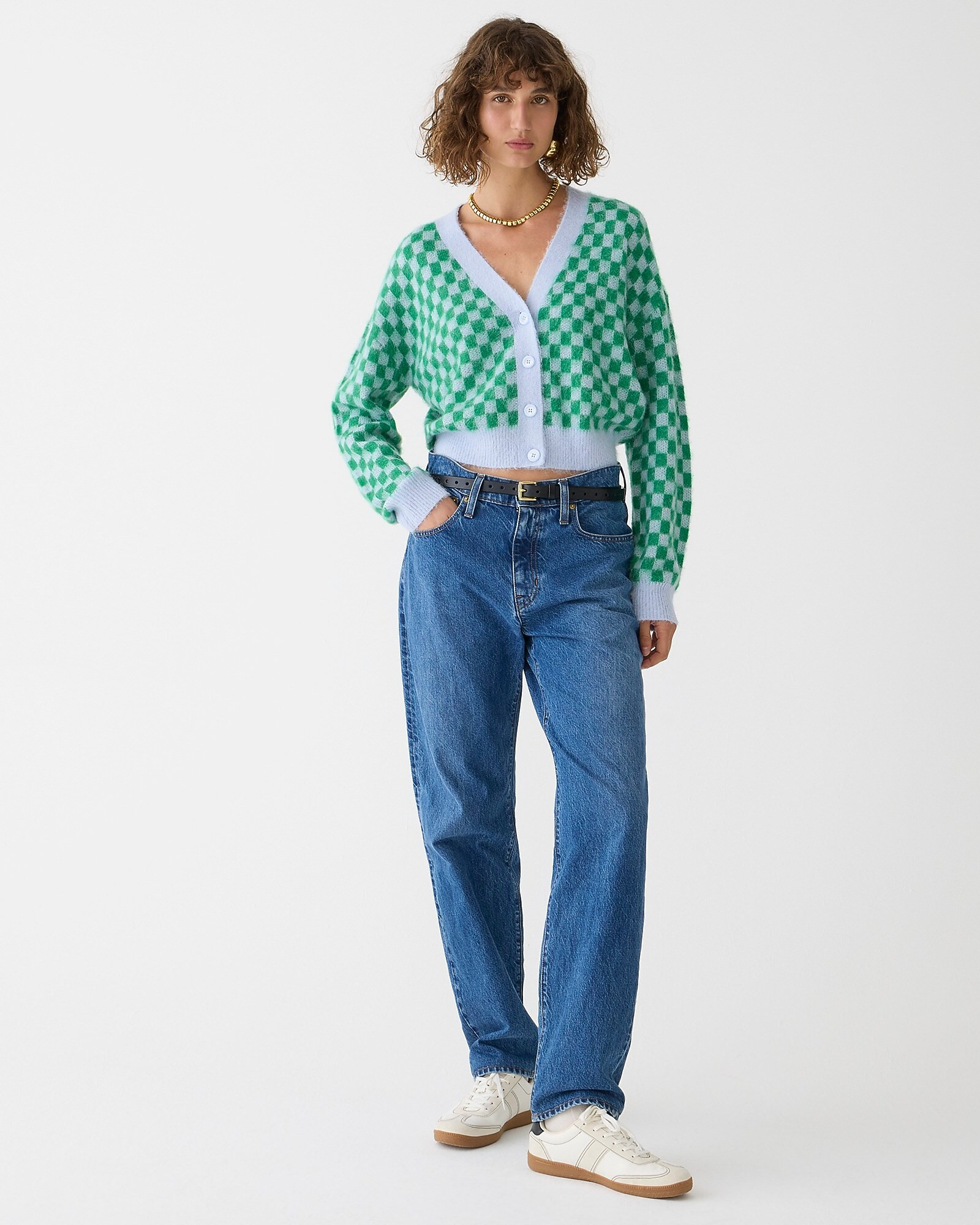 Checkered V-neck cardigan sweater in brushed yarn | J. Crew US