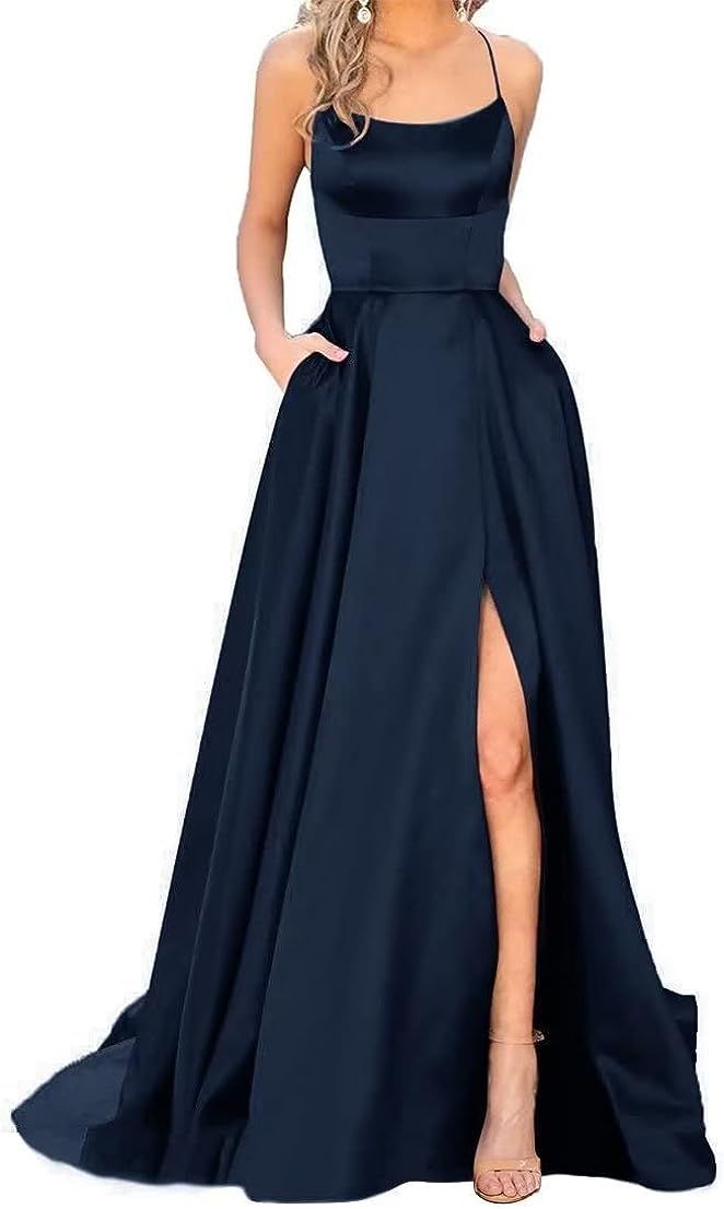 JASY Women's Spaghetti Satin Long Side Slit Prom Dresses with Pockets | Amazon (US)
