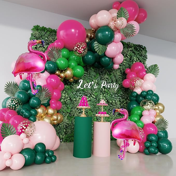 156Pcs Tropical Flamingo Balloon Arch Garland Kit, Hot Pink Dark Green Light Pink Gold Confetti F... | Amazon (US)