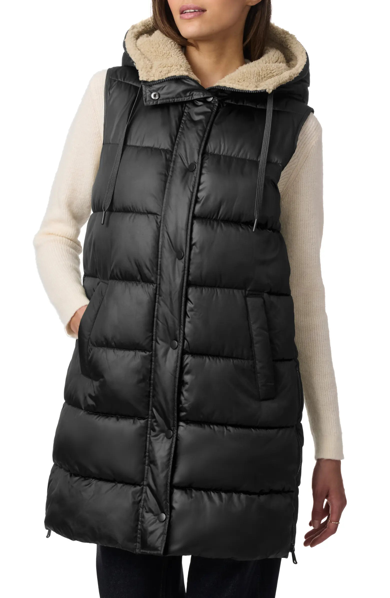 Shiny Horizontal Quilted Hooded Recycled Polyester Puffer Vest | Nordstrom