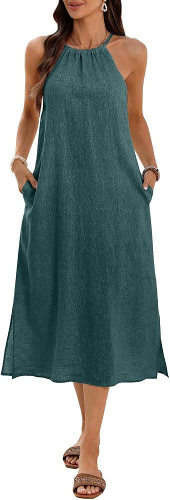 Women's 100% Linen Midi Dress Halter Neck 2026 Dress Sleeveless Flowy Beach Sun Dresses with Pock... | Amazon (US)
