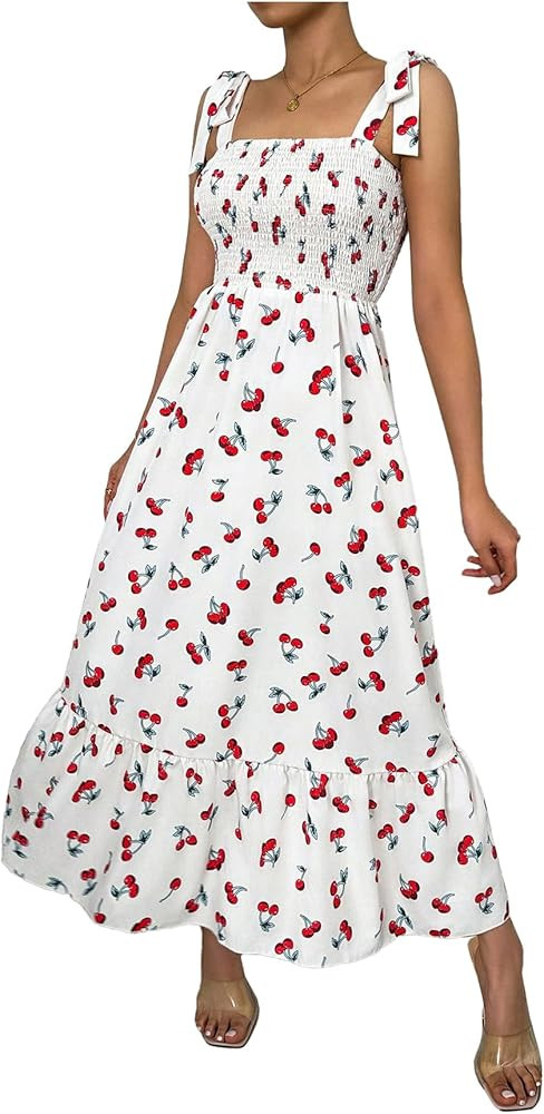Floerns Women's Floral Print Tie Strap Square Neck Ruffle Boho Maxi Dress | Amazon (US)
