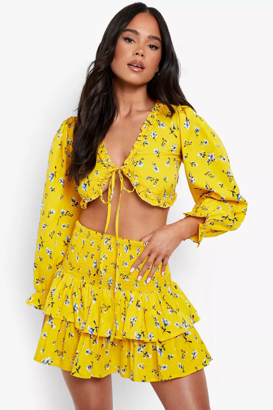 Petite Shirred Ditsy Co Ord | Boohoo.com (UK & IE)