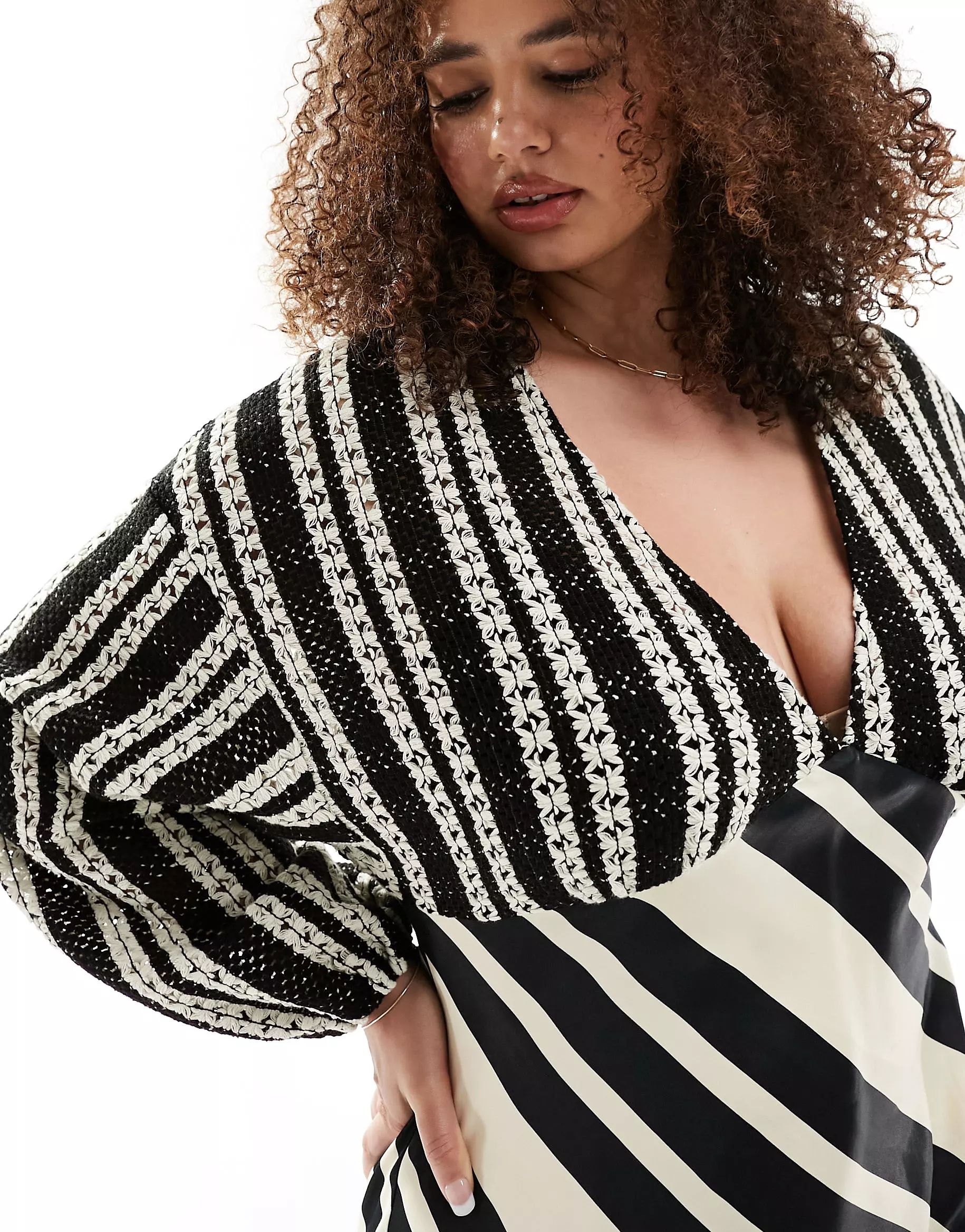 Never Fully Dressed Plus crochet balloon sleeve maxi dress in monochrome stripe | ASOS | ASOS (Global)