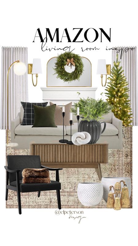 Pre lit Christmas tree
Stems
Arched Wall mirror
Drapes
Sofa
coffee table
Chain link decor
Candlestick holders
Accent chair
Area rug
Sconces
Wreath

#LTKunder100 #LTKunder50 #LTKhome
