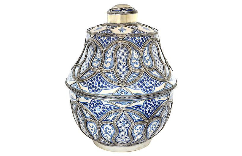 Blue & White Moroccan Pottery Jar | One Kings Lane