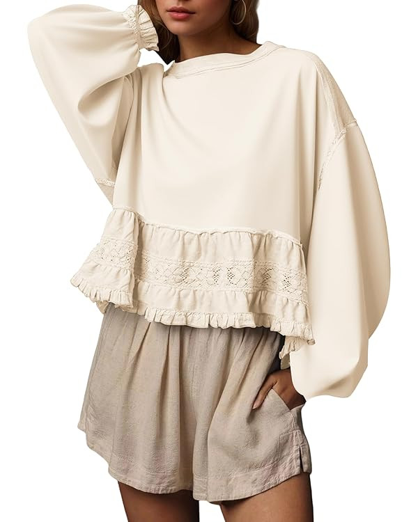 Crew Neck Crop Oversized Sweatshirts For Women Casual Long Puff Sleeve Babydoll Tops Loose Lace P... | Amazon (US)