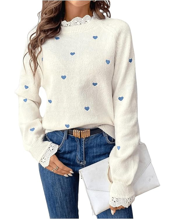 GORGLITTER Women's Heart Lace Valentine Patchwork Pullover Sweater Embellished Long Sleeve Cute K... | Amazon (US)