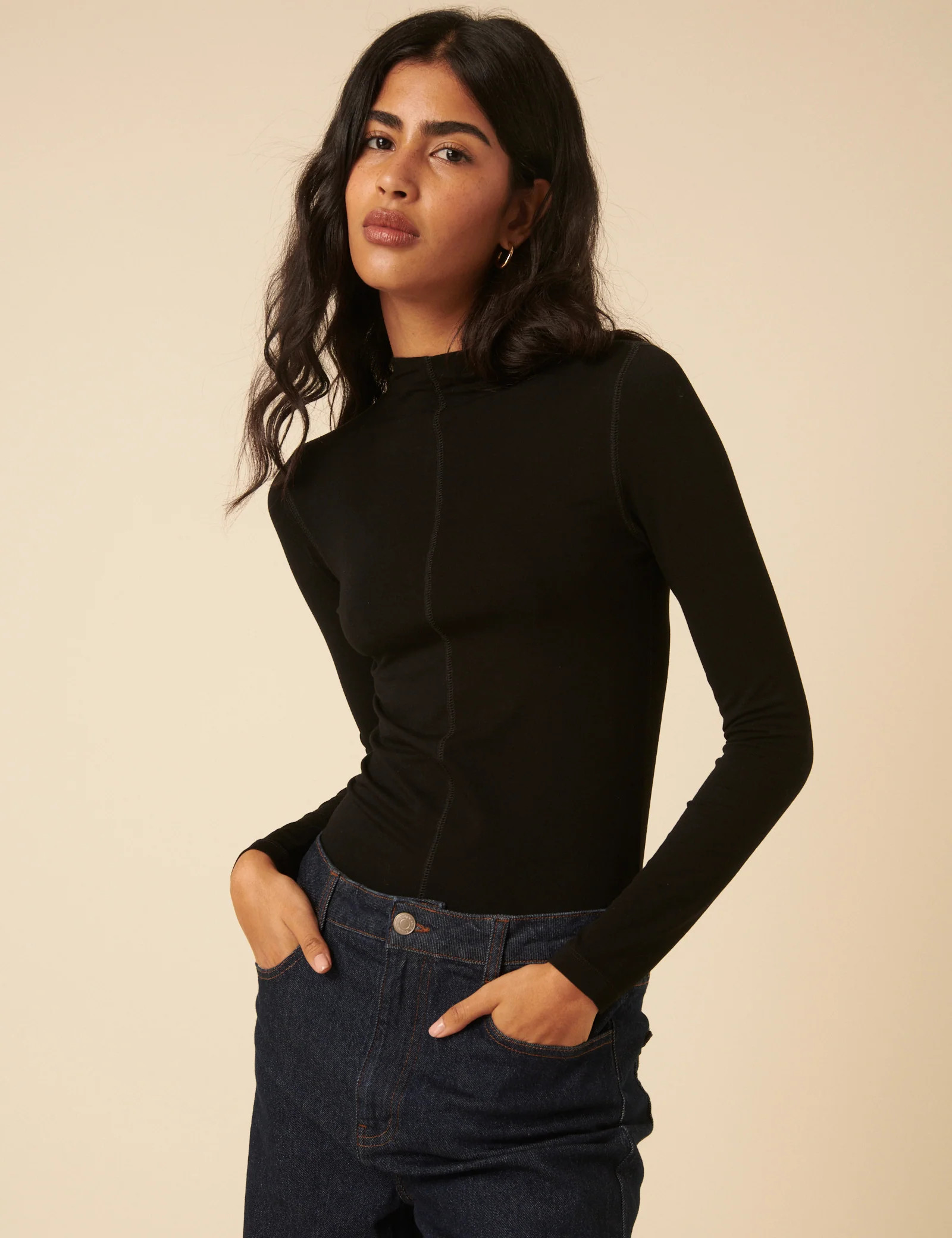 Black Long Sleeve High Neck Jersey Top | Nobody's Child