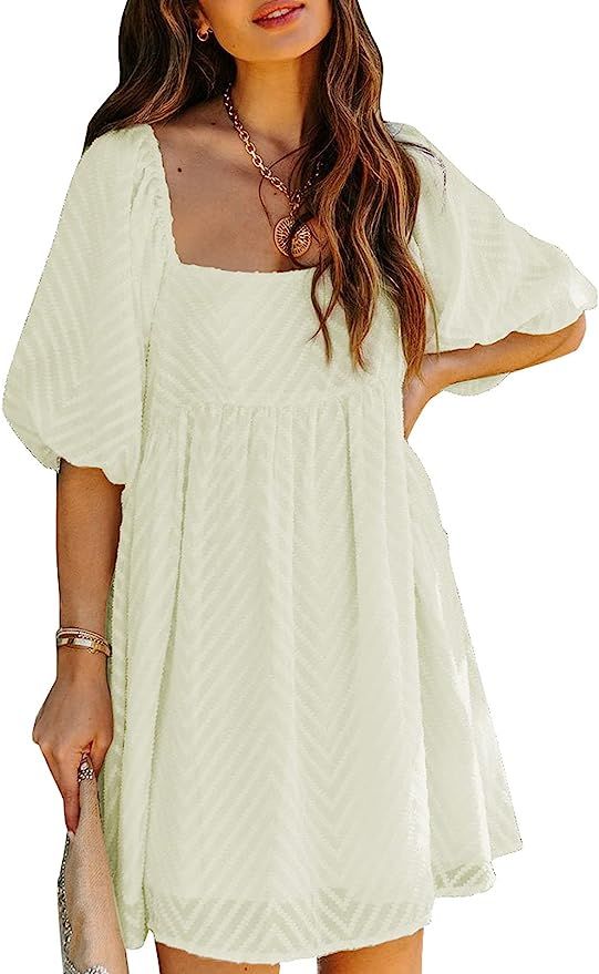 Dokotoo Womens Summer Dress Square Neckline Textured Puff Sleeve Chiffon Mini Dresses | Amazon (US)