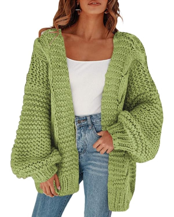 Cicy Bell Women's Open Front Chunky Knit Cardigan Loose Lantern Sleeve Oversized Sweater Coats | Amazon (US)