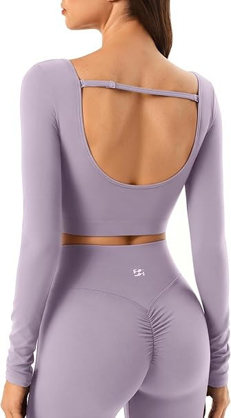 Long Sleeve Crop Tops for Women, Backless Workout Top with Removable Straps, T Shirt for Gym Yoga... | Amazon (US)