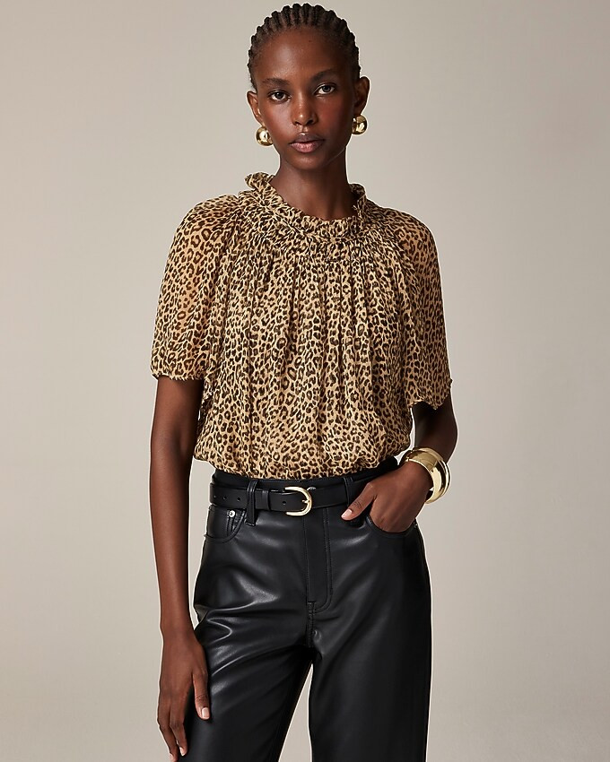 Flowy smocked top in leopard crinkle chiffon | J. Crew US