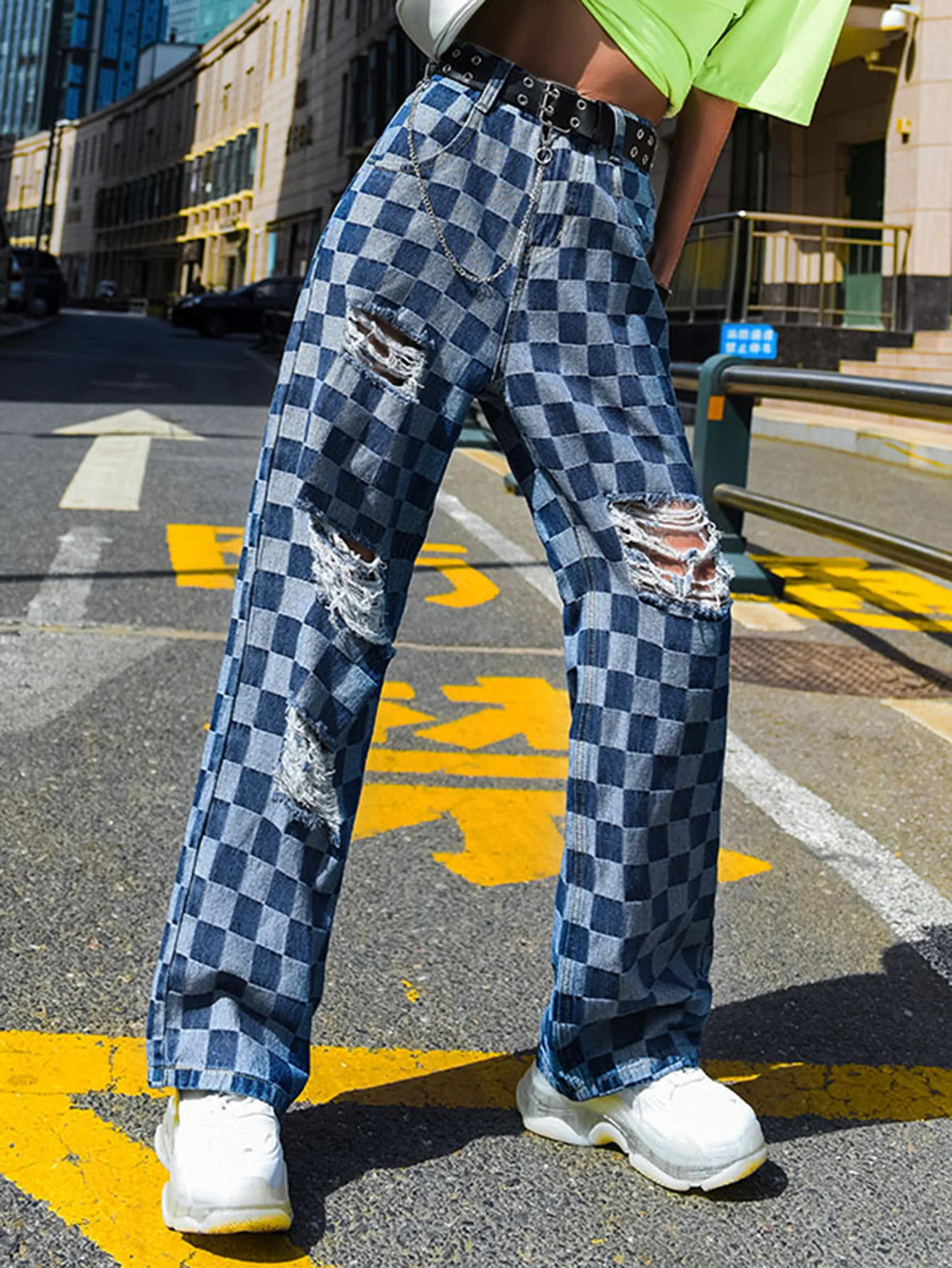 Women's plaid ripped high waist wide-leg straight trousers jeans | 1Sansome