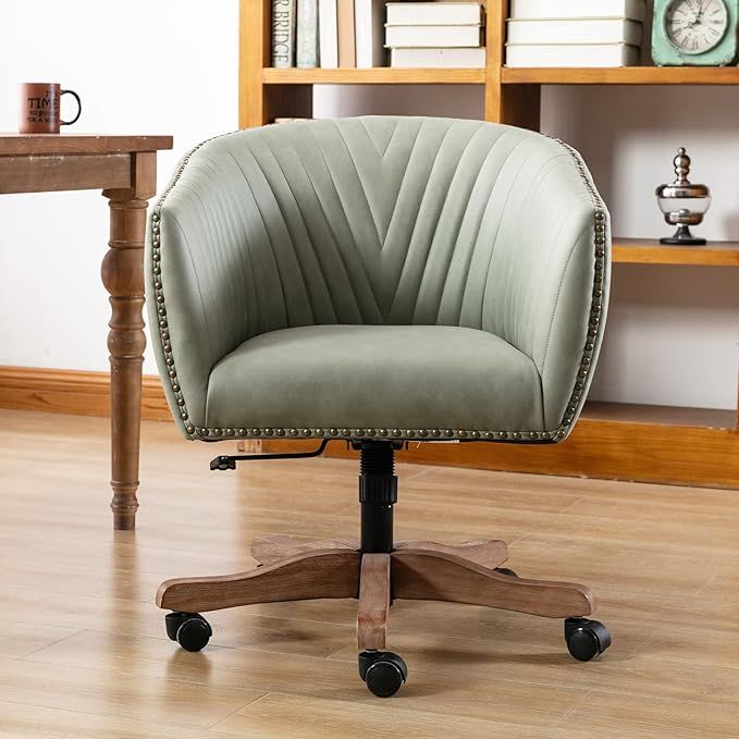 Green Faux Leather Home Office Desk Chair, Upholstered Barrel Swivel Adjustable Arm Desk Chair wi... | Amazon (US)