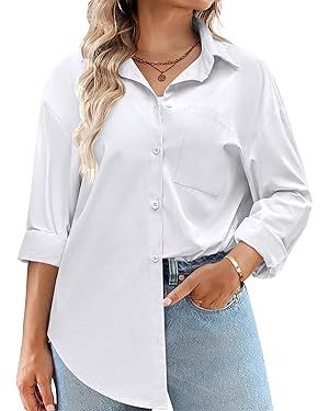 IN'VOLAND Womens Plus Size Button Down Shirts Long Sleeve Cotton Casual Collared Shirt Loose Work... | Amazon (US)