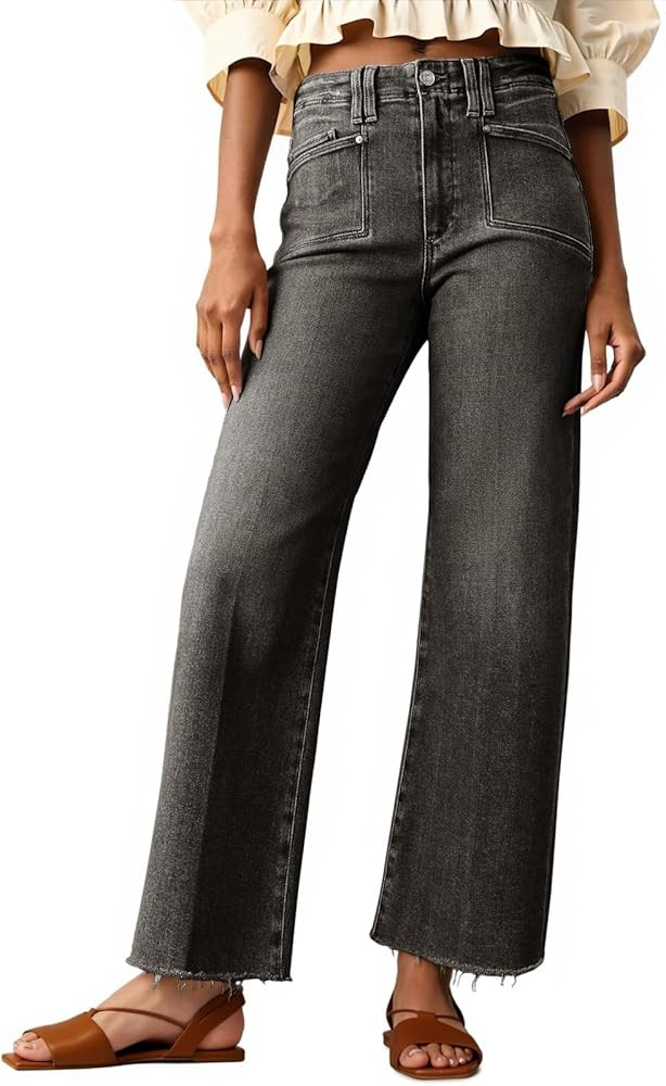 Cicy Bell Womens High Waisted Cropped Jeans Straight Leg Raw Hem Denim Pant | Amazon (US)
