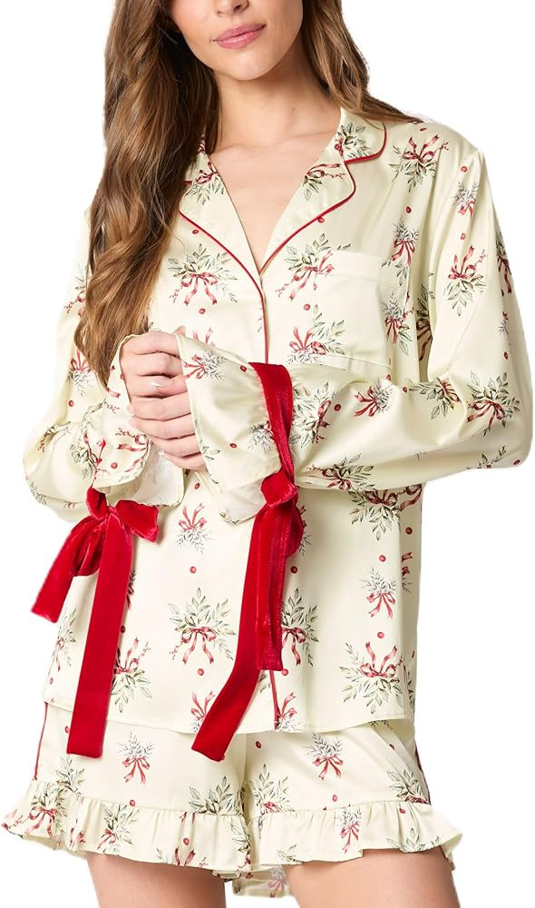 Silk Christmas Bow Pajamas for Women Cute Xmas Satin 2 Piece Santa Bow Tie Pjs Long Sleeve Shirt ... | Amazon (US)