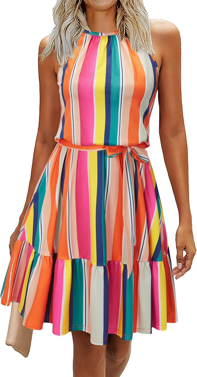 Newshows Women's Summer Halter Floral Dresses Casual Sleeveless Ruffle Sundress with Pockets | Amazon (US)