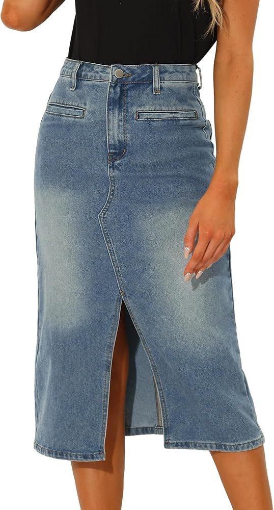 Allegra K Denim Skirt for Women's High Waist Slit Front Washed Jean Midi Skirts with Pockets | Amazon (US)