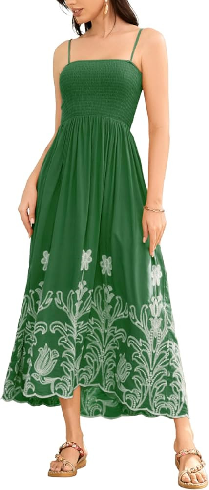 Bsubseach Spaghetti Strap Maxi Dress Women Smocked Midi Dresses Flower Embroidered Summer Sundres... | Amazon (US)