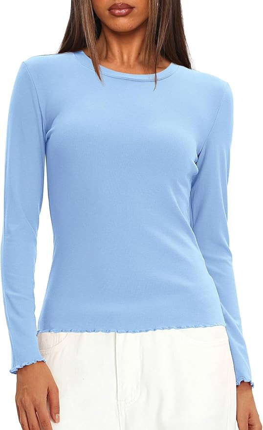 Darong Women Long Sleeve Shirts Slim Fit Tops Basic Tee 2026 Cute Lettuce Trim Undershirt Going O... | Amazon (US)