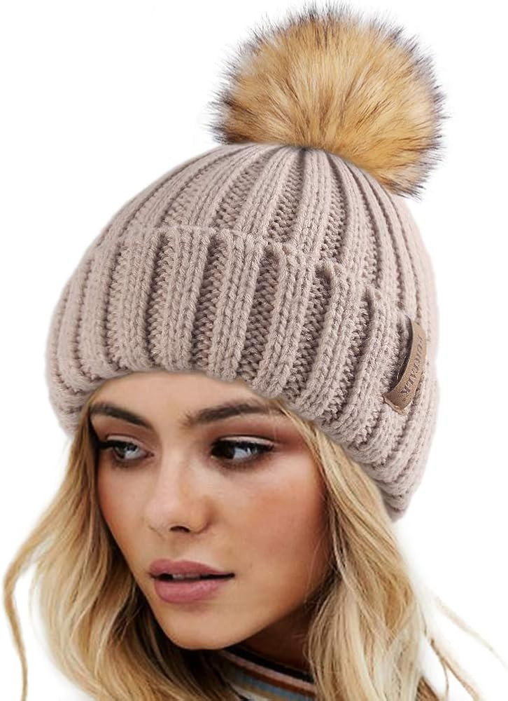 FURTALK Womens Winter Knitted Beanie Hat with Faux Fur Pom Warm Knit Skull Cap Beanie for Women | Amazon (US)