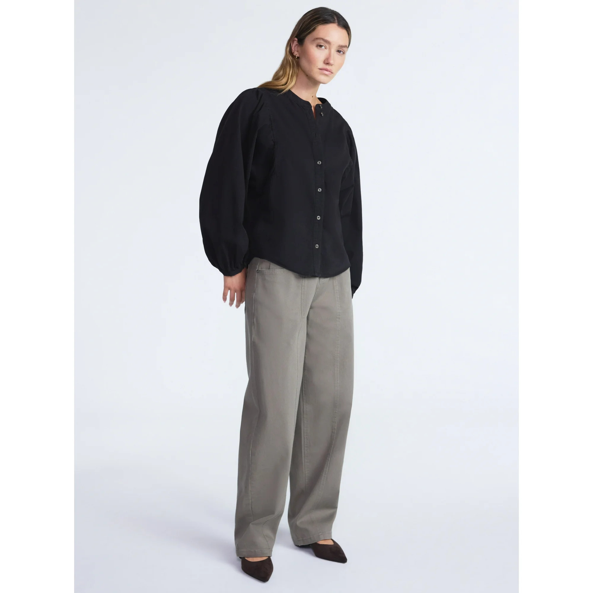 Scoop Women's Cotton Denim Shirt with Blouson Sleeves, Sizes XS-XXL | Walmart (US)