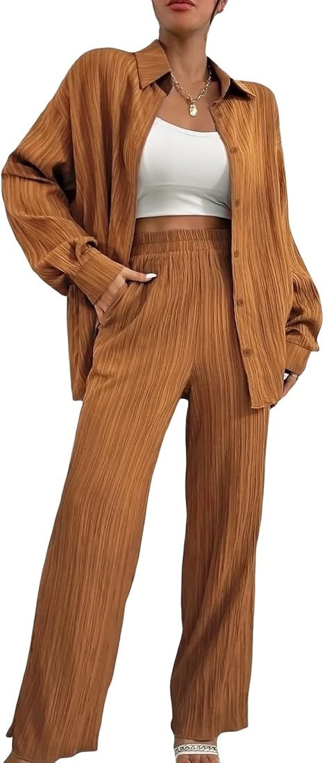 Floerns Women's 2 Piece Outfits Slit Hem Longline Blouse and Wide Leg Pants Set | Amazon (US)