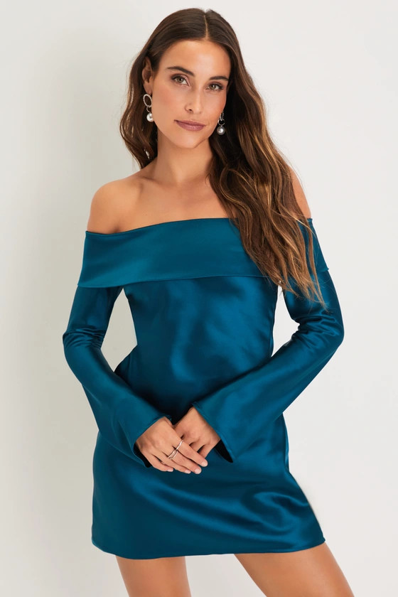 Luxurious Vision Teal Satin Off-the-Shoulder Mini Dress | Lulus