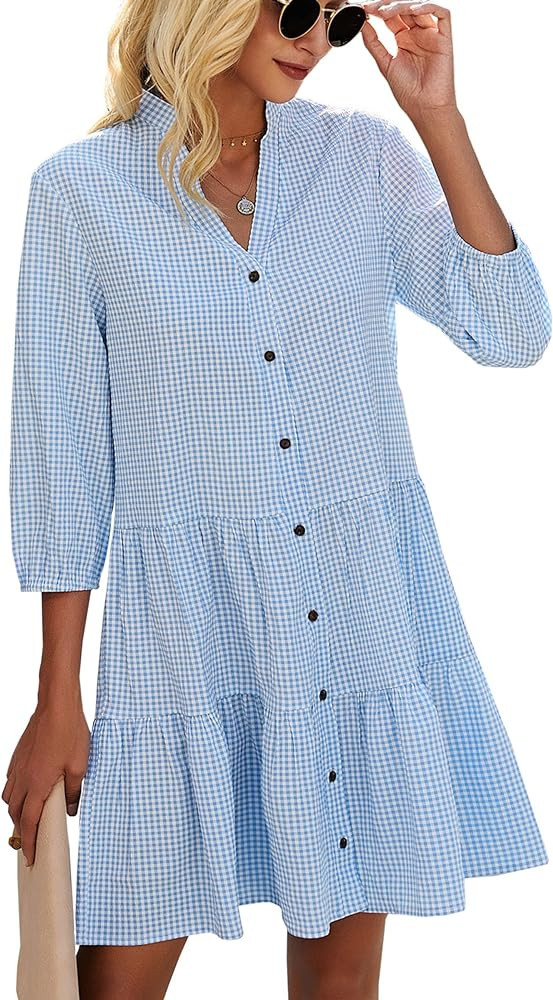 CCTOO Women's Summer Dresses Casual V Neck Button Down 3/4 Sleeve Floral Print Loose Flowy Shirt ... | Amazon (US)