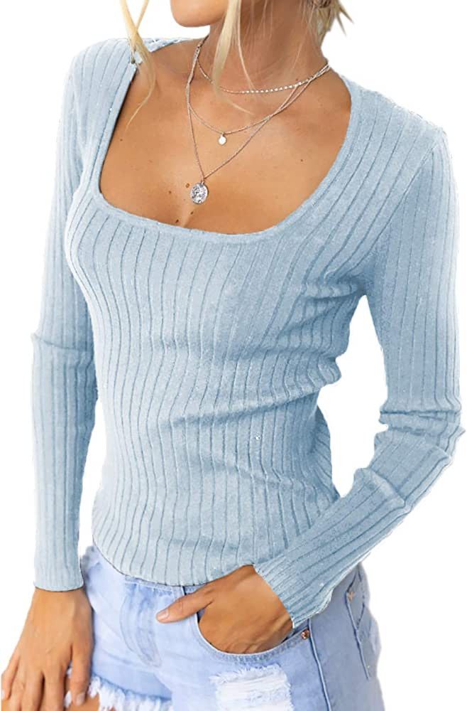 Womens Scoop Neck Sweaters Long Sleeve Solid Casual Slim Knit Pullover Tops | Amazon (US)