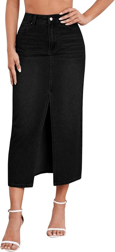 SweatyRocks Women's Casual Denim Skirt High Waist Split Front Long Jean Skirts | Amazon (US)