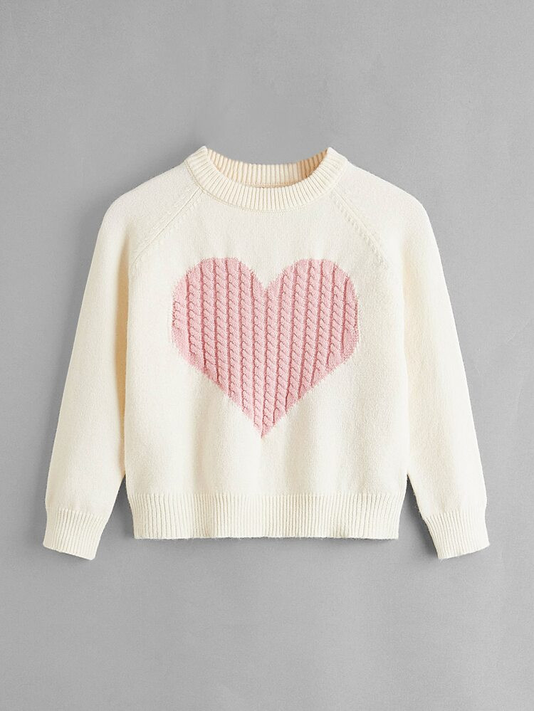 SHEIN Toddler Girls Raglan Sleeve Cable Knit Heart Sweater | SHEIN